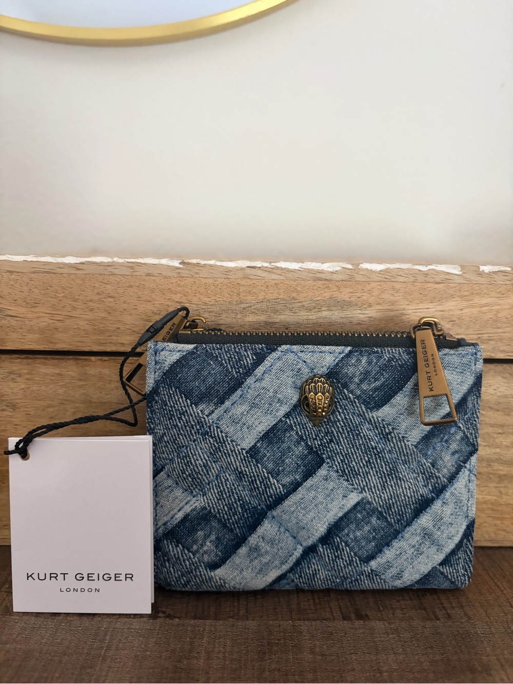 Kurt Geiger Blue Woven Denim Zip Pouch with Gold Hardware